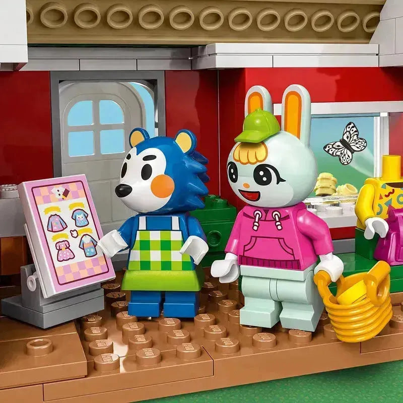 LEGO set featuring Animal Crossing characters with a colorful shop display and accessories