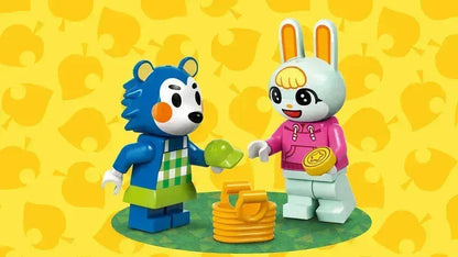 LEGO Animal Crossing characters with coins and a pear in a colorful scene from the lego set
