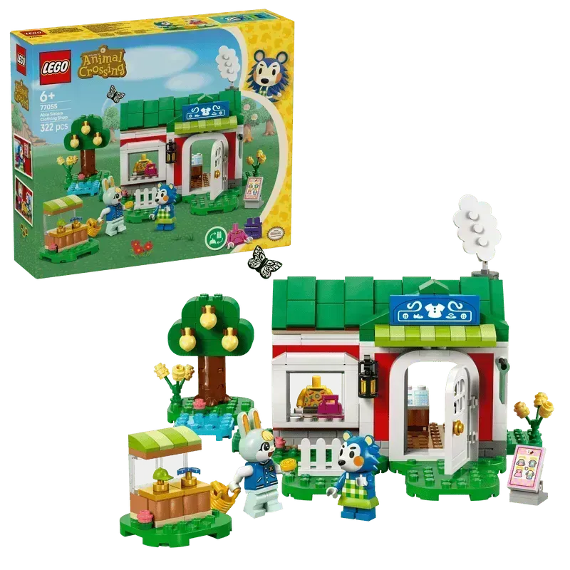 LEGO set featuring Animal Crossing characters and a detailed building environment with accessories