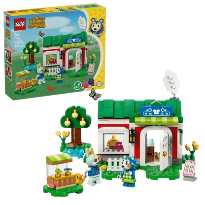 LEGO set featuring Animal Crossing characters and a detailed building environment with accessories