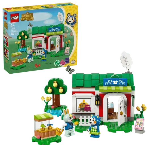 LEGO set featuring Animal Crossing characters and a detailed building environment with accessories