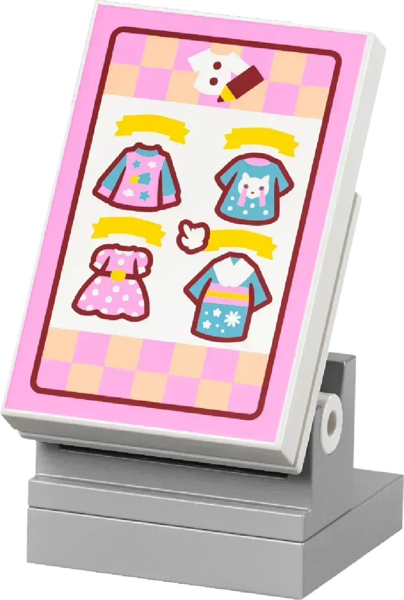 LEGO Animal Crossing themed display stand with colorful clothing designs for the LEGO set