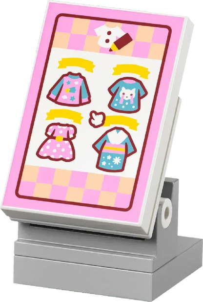 LEGO Animal Crossing themed display stand with colorful clothing designs for the LEGO set