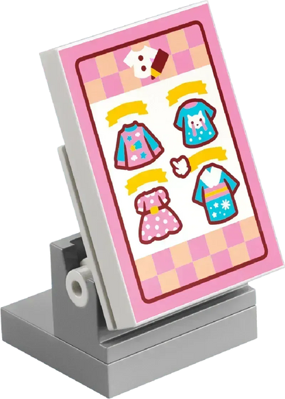 LEGO set display stand featuring colorful clothing designs for Animal Crossing fans