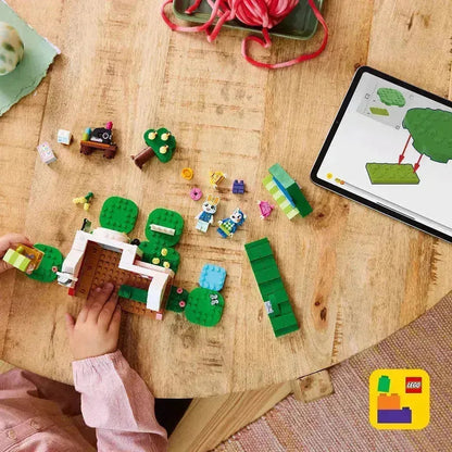 Child assembling a LEGO Animal Crossing set with colorful pieces on a wooden table