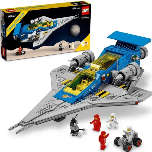 LEGO 10497 Galaxy Explorer set with 1254 pieces, featuring a spaceship and astronauts exploring lego space space.