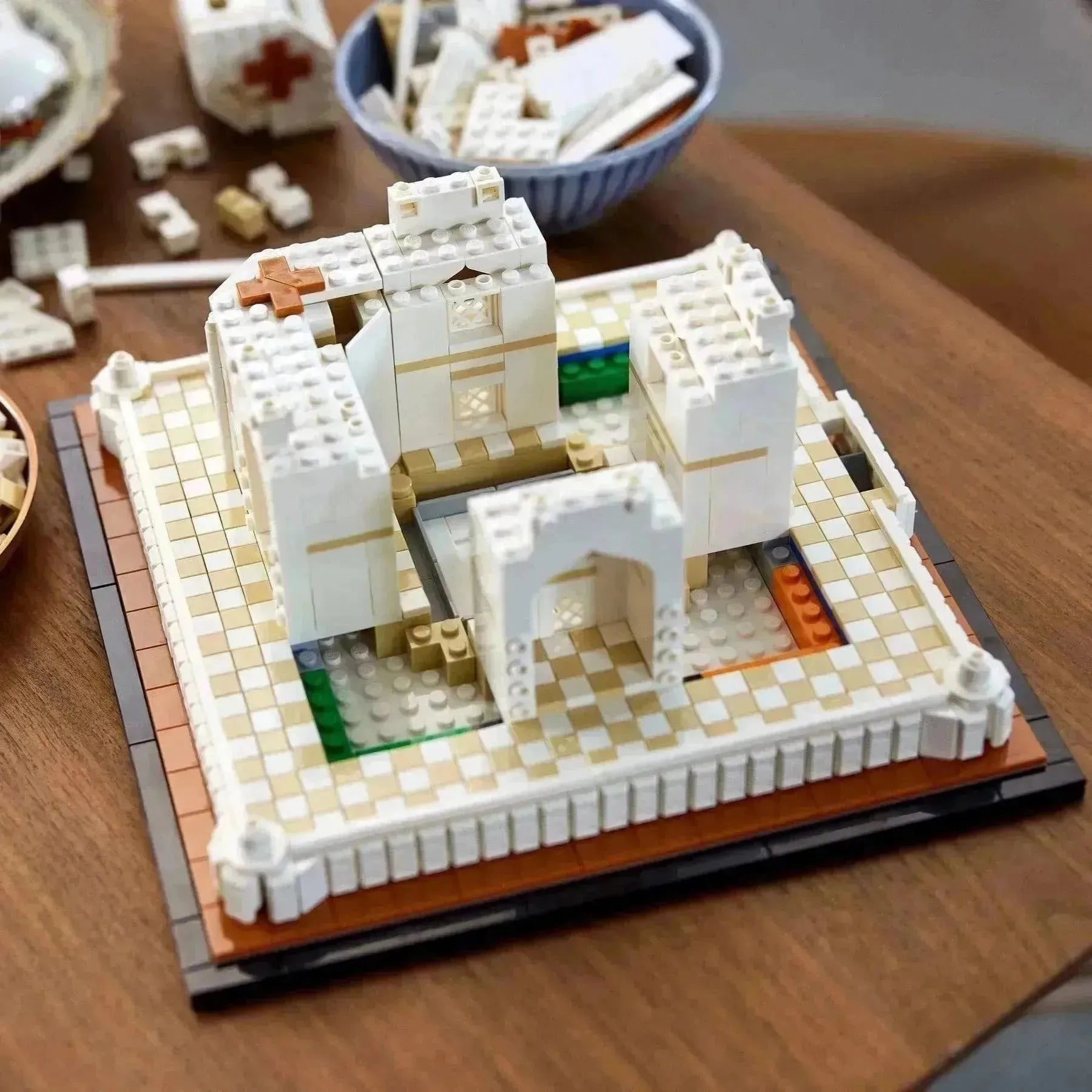 LEGO Architecture Taj Mahal model progress with detailed white building elements and intricate design